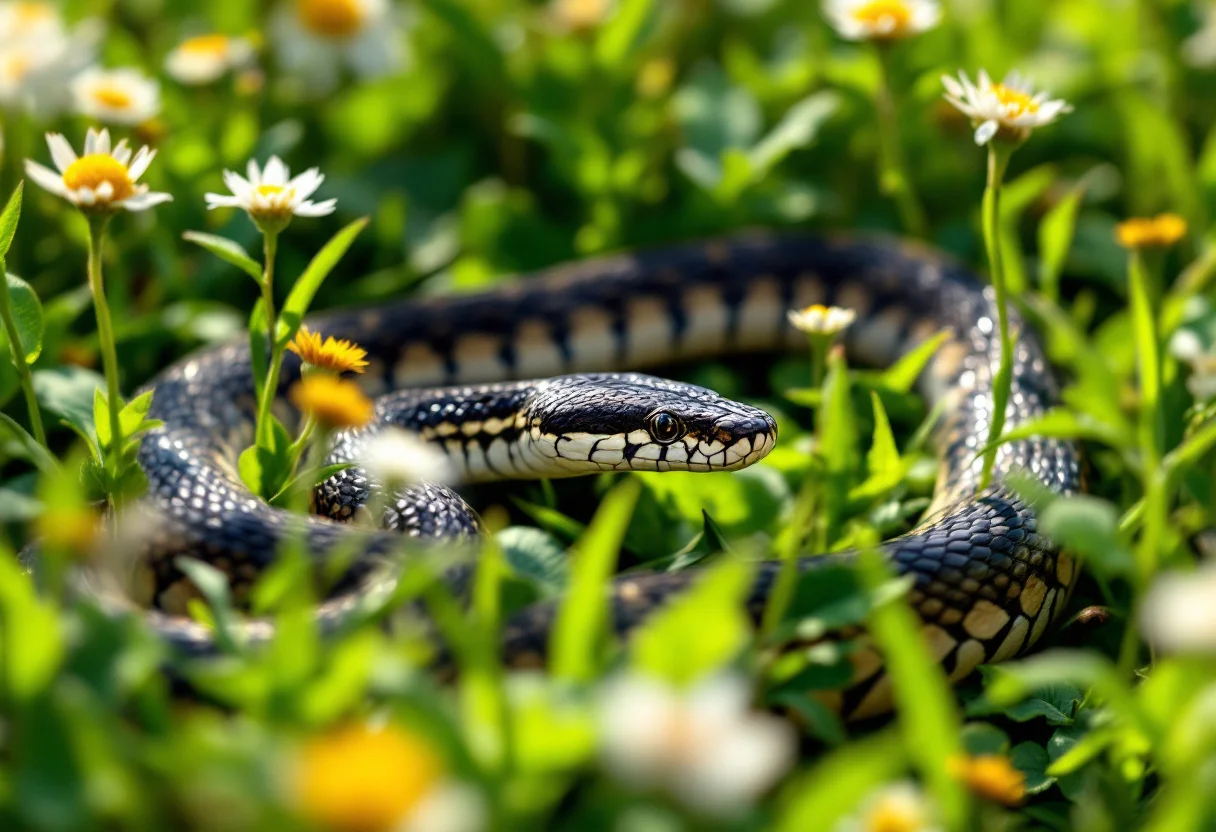 European adder coiled in grass and wildflowers on a sunny summer day