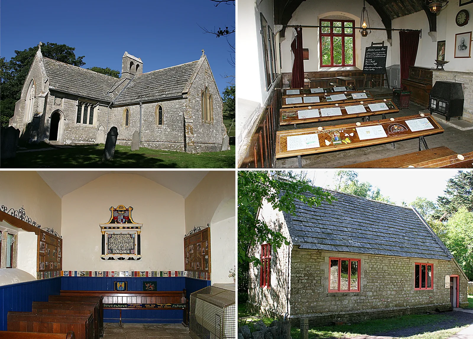Four views of Tyneham: the church exterior, the school museum interior, the church interior, and the old school building